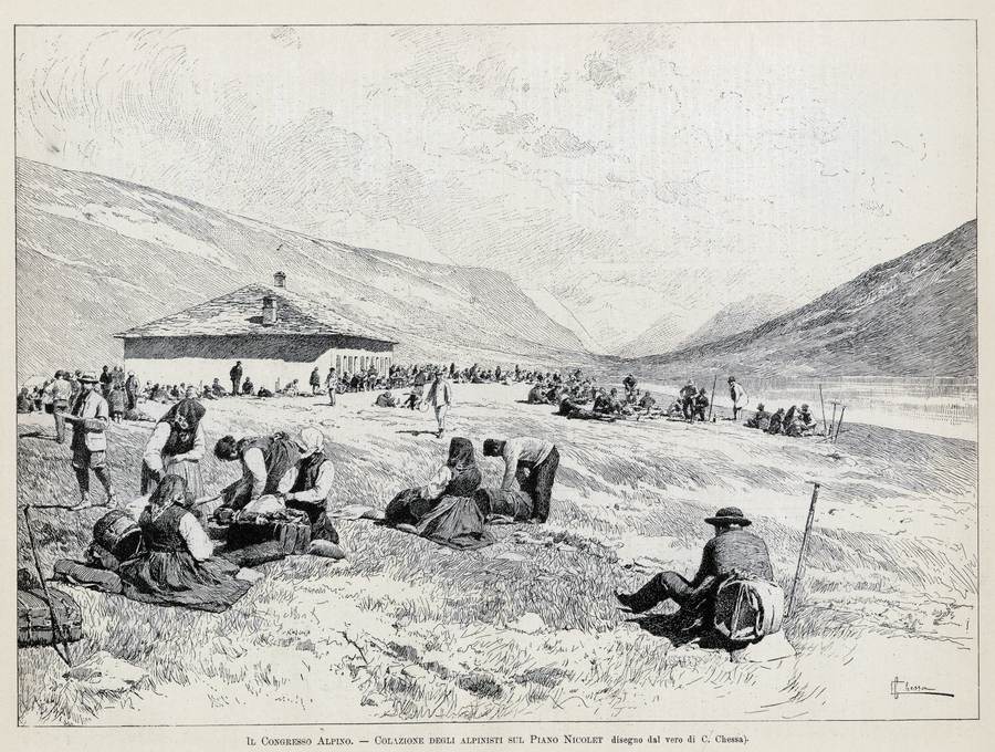 1894-il-congresso-alpino-colazione-degli-alpinisti-sul-piano-nicolet-disegno-dal-vero