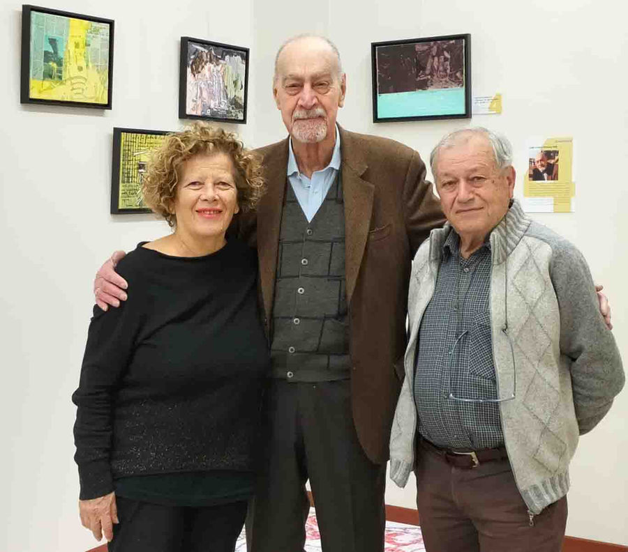 Giulio Crisanti tra Maria Gabriella Savoia e Adalberto Sartori - (Mantova. Galleria Arianna Sartori, 15 novembre 2025 - inaugurazione mostra QUATERQUE.)