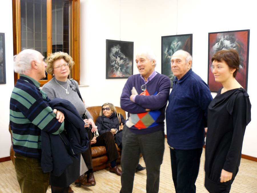 Giordano Garuti con Tiziana Cordani, Renzo Margonari, Arianna Sartori il 29 gennaio 2011 all'inaugurazione della personale alla Galleria Sartori di Mantova