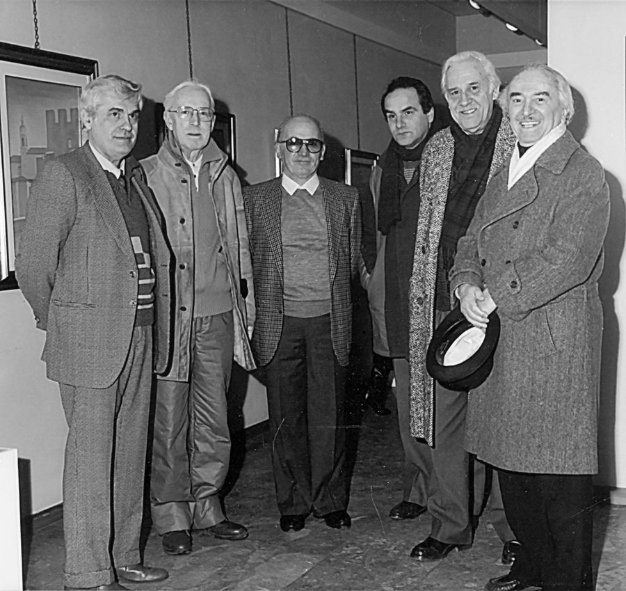 Giorgio Bonaffini, Carlo Bondioli Bettinelli, Gianfranco Segolini, Vittorio Carnevali, Francesco Ruberti, Umberto Mario Baldassari (BUM), all'inaugurazione della mostra di Segolini (GalleriaAndreani di Mantova, l'8 febbraio 1986)