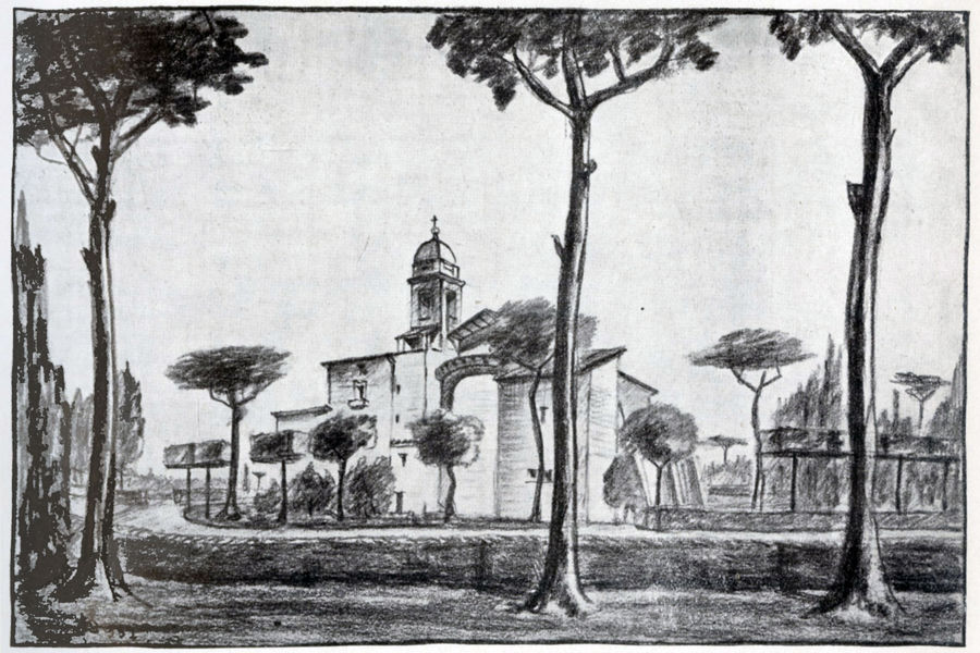 la-parte-absidale-nella-pittoresca-cornice-di-lecci-e-di-pini-chiesa-ss-martiri-nereo-e-achilleo-roma