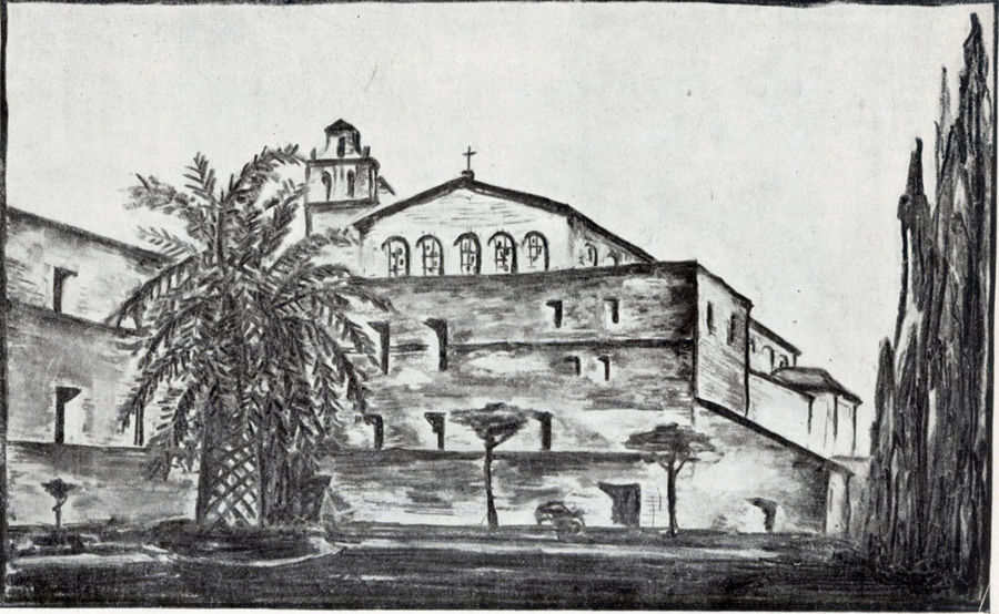 il-lato-anteriore-della-basilica-nella-raccolta-pace-dellattiguo-giardino-s-sabina-roma